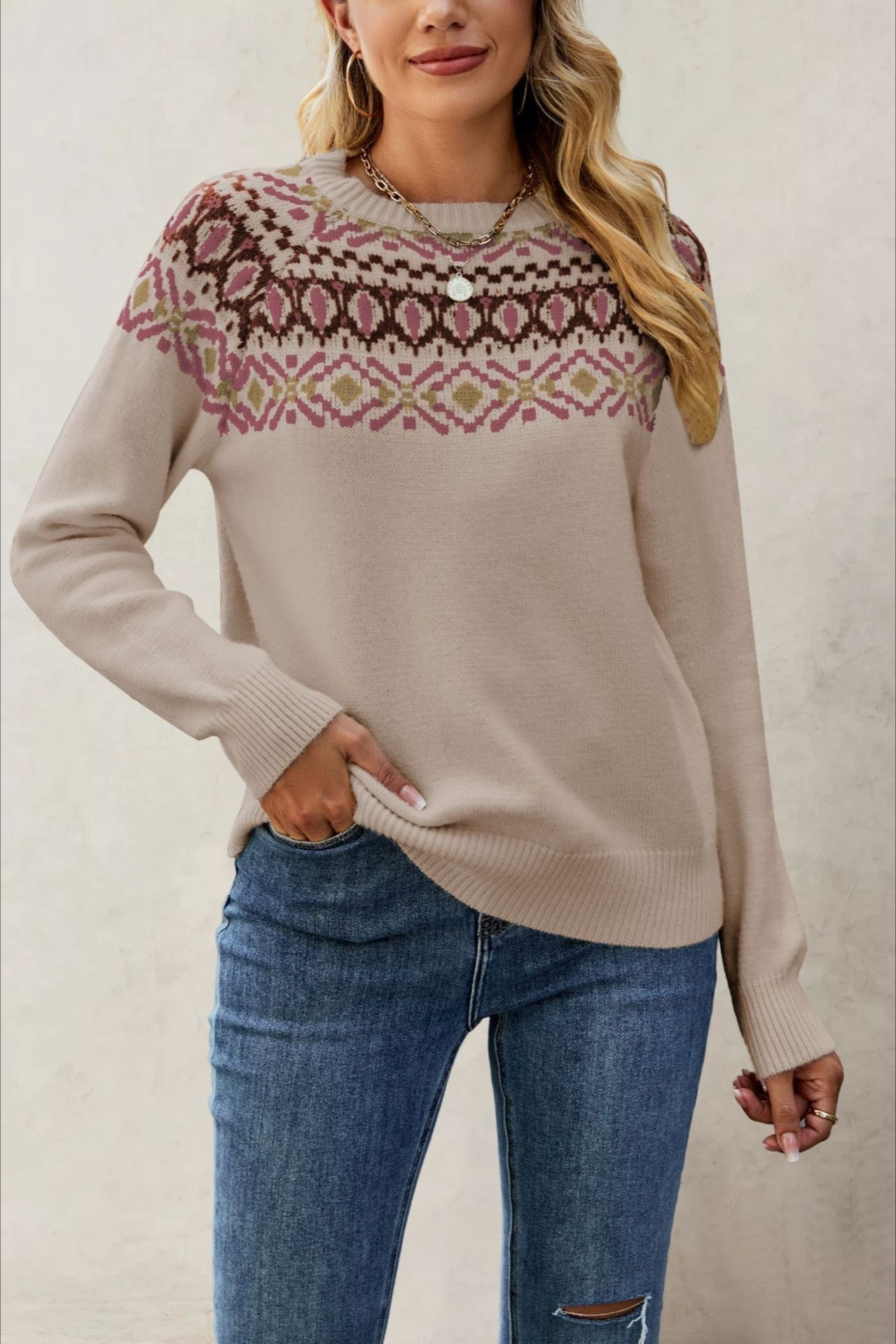 Suéter Jacquard de Punto Cuello Redondo