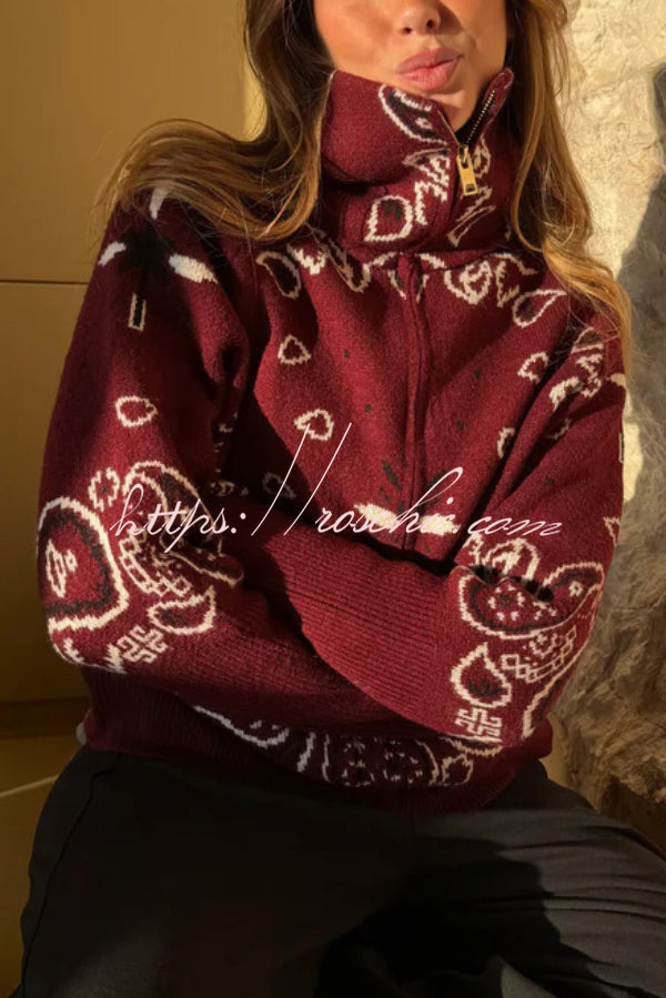 Fashionable Jacquard Turtleneck Long-sleeved Casual Zip-up Pocket Knit Top