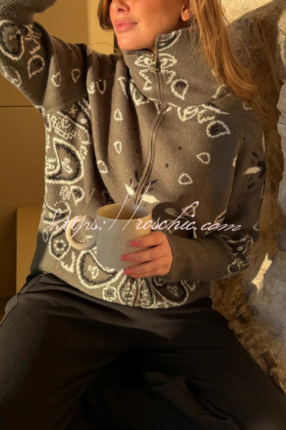Fashionable Jacquard Turtleneck Long-sleeved Casual Zip-up Pocket Knit Top