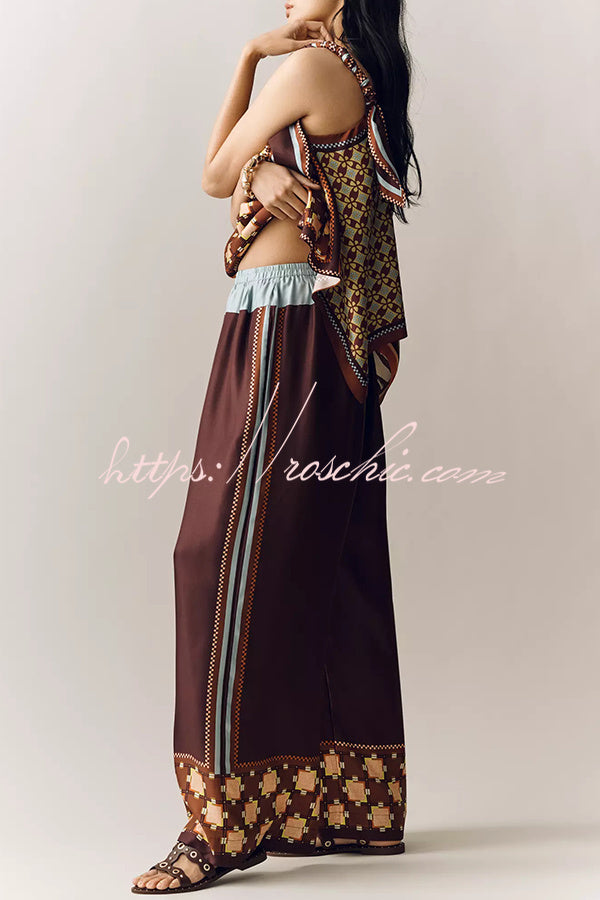 Wilson Satin Unique ColorBlock Print Scarf Top and Elastic Waist Pocket Wide Leg Pants Set