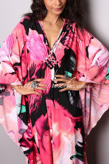 Unique Print Loose V-Neck Batwing Sleeve Casual Maxi Dress
