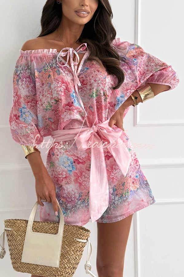 Fiorito Chiffon Floral Print Off Shoulder Top and Elastic Waist Tie-up Loose Shorts Set