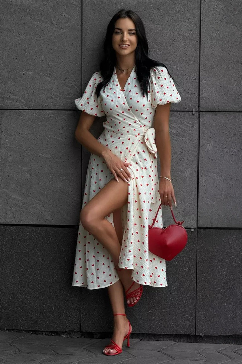 Vestido midi con estampado de algodón y mangas abullonadas