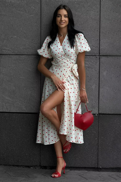 Vestido midi con estampado de algodón y mangas abullonadas