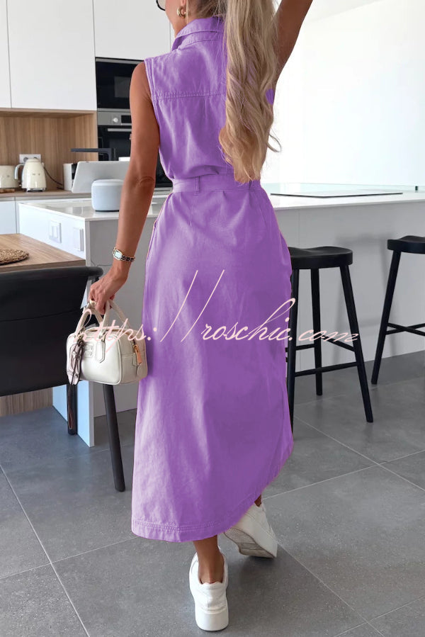 Solid Color Sleeveless Single Breasted Waist Tie Casual Pocket Denim Midi Dress