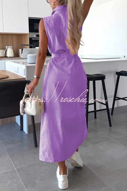Solid Color Sleeveless Single Breasted Waist Tie Casual Pocket Denim Midi Dress