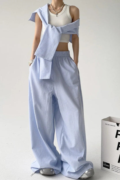 Pantalones Anchos Casuales con Raya y Cinturón