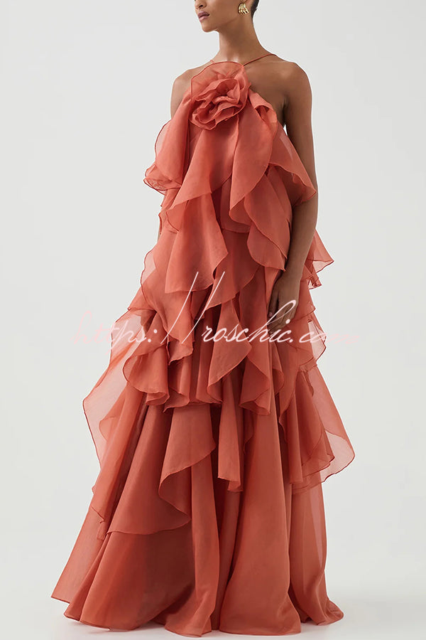 Free - Flowing Rose Detail Tiered Ruffles Halter A-line Maxi Dress
