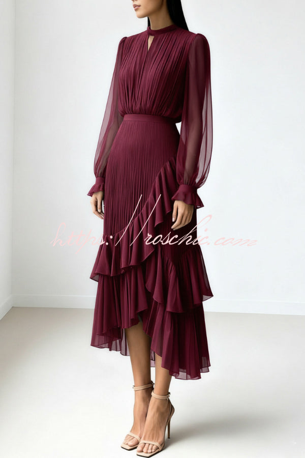 Solid Color Round Neck Long Sleeve Fitted Waist Pleated Ruffle Midi Dress