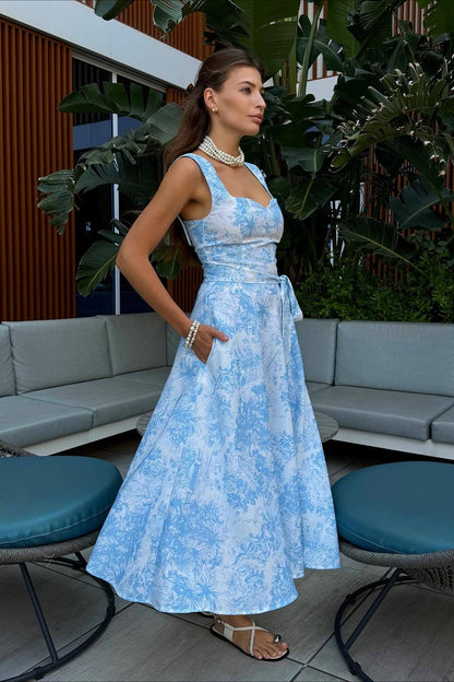 Wide Strap High Waist Floral Tie Midi Dress