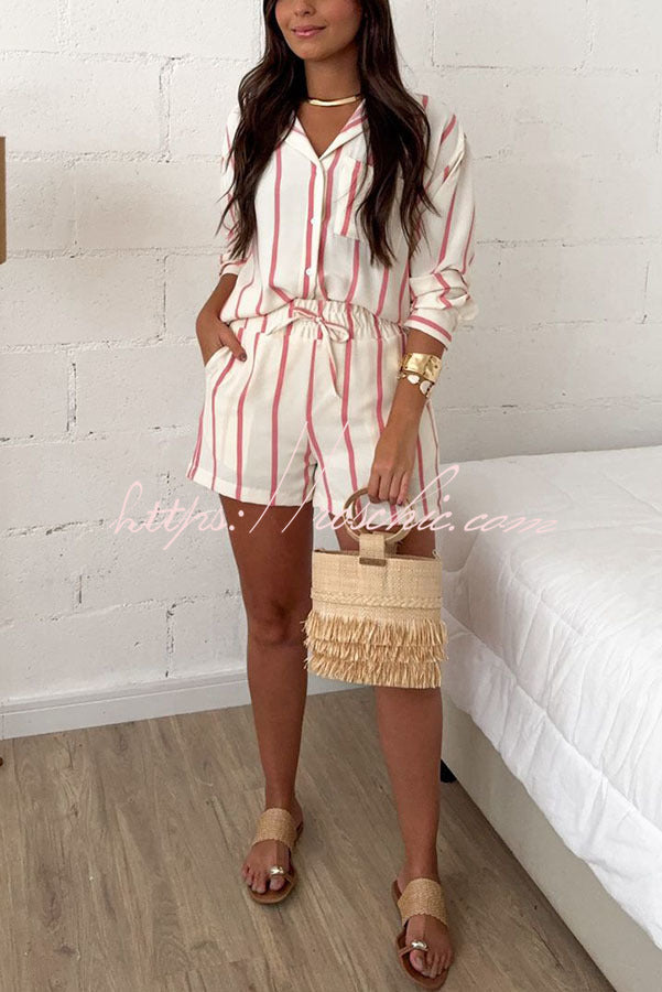 Leisure Time Striped Print Button Long Sleeve Shirt and Elastic Waist Pocket Loose Shorts Set