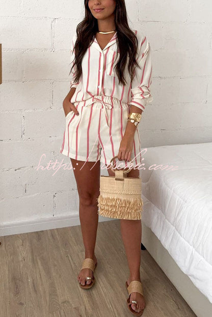 Leisure Time Striped Print Button Long Sleeve Shirt and Elastic Waist Pocket Loose Shorts Set