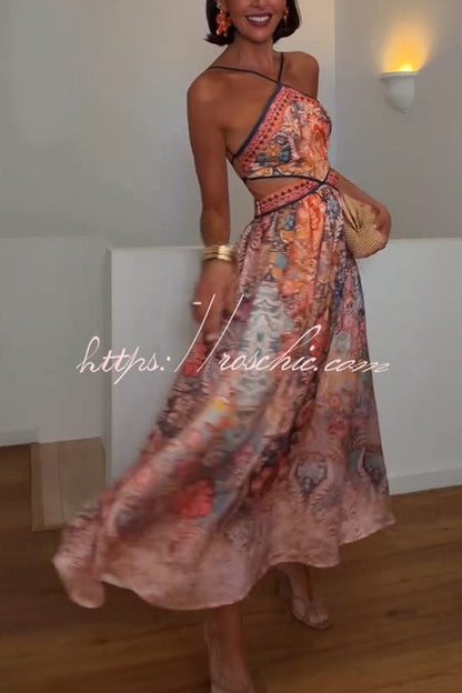 Casie Colorful Floral Print Dress Cutout Waist Back Lace-up Halter Maxi Dress