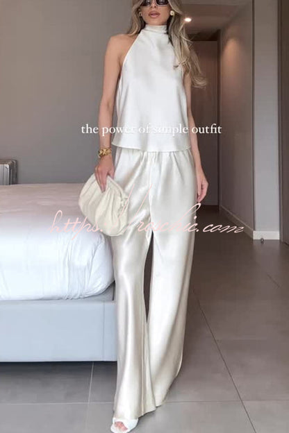 Modern Day Glam Satin Halter Tie-up Tank and Elastic Waist Wide Leg Pants Set