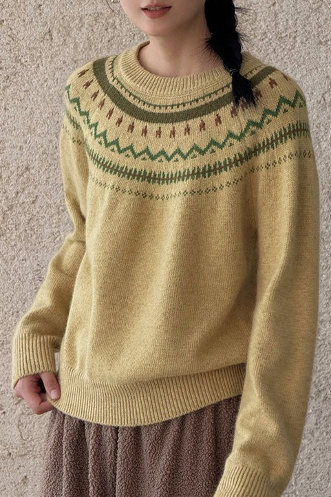 Suéter minimalista suelto de cuello redondo con bloques de color y diseño Fair Isle