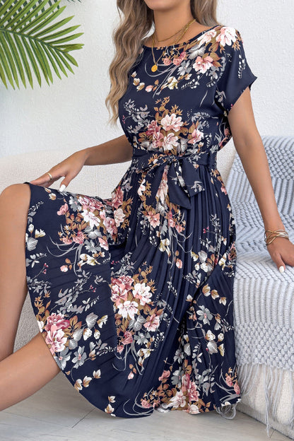 Floral Print Round Neck Fitted Waist Tie Pleated Midi Dress