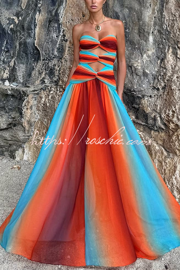 Sardinia Sunset Mesh Printed Twist Cutout Off Shoulder Vacation Maxi Dress