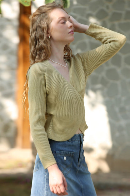 Wrap Tie Front V-Neck Knit Top