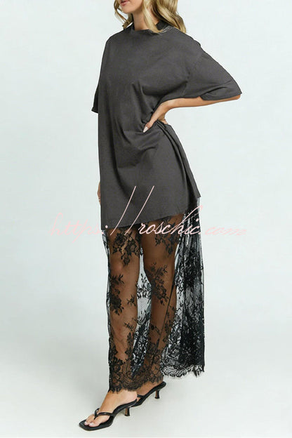 Stylish Loose-fitting Round Neck Short-sleeved Spliced lace Hem Maxi Dress