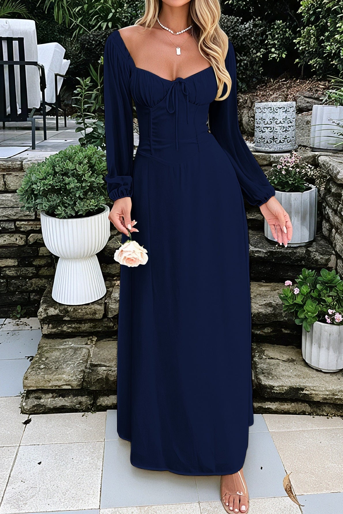 Vestido de fiesta de manga larga liso