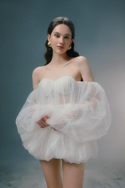 Minivestido Dulce y Atractivo sin Tirantes con Mangas Abullonadas