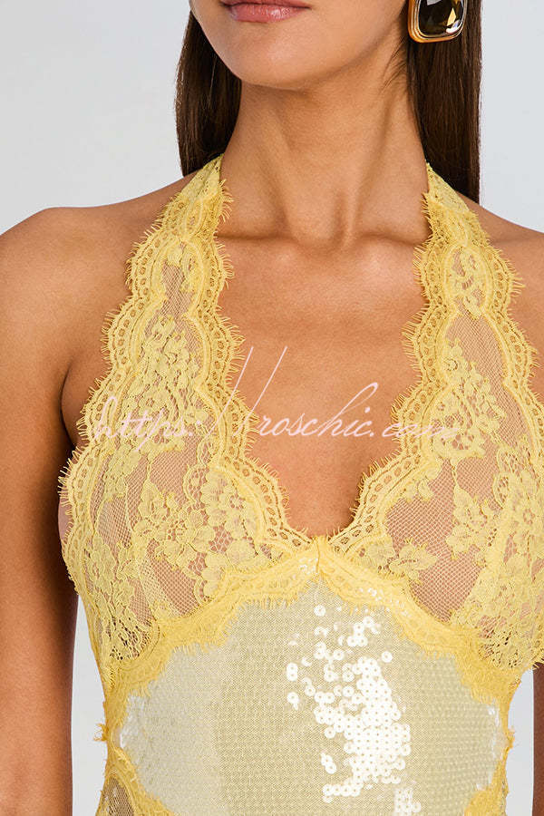 Vicky Sequin Floral Sheer Lace Trim Halter Pencil Midi Dress