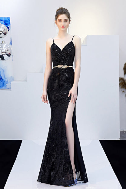 Vestido de fiesta ajustado con cola de pez y cinturón