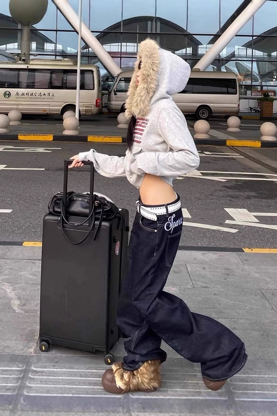 Y2K Flag Print Fur Paneled Casual Hoodie