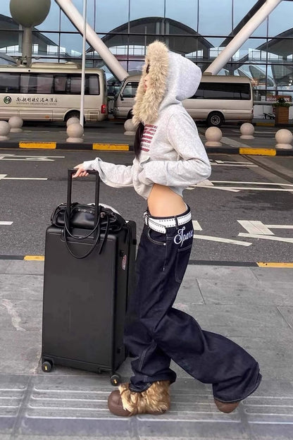 Y2K Flag Print Fur Paneled Casual Hoodie