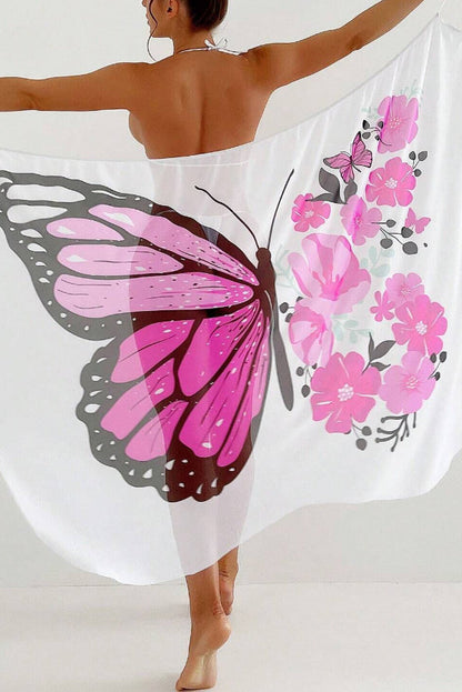 Fashionable Color-blocked Butterfly Print Sheer Cover-up Midi Dress