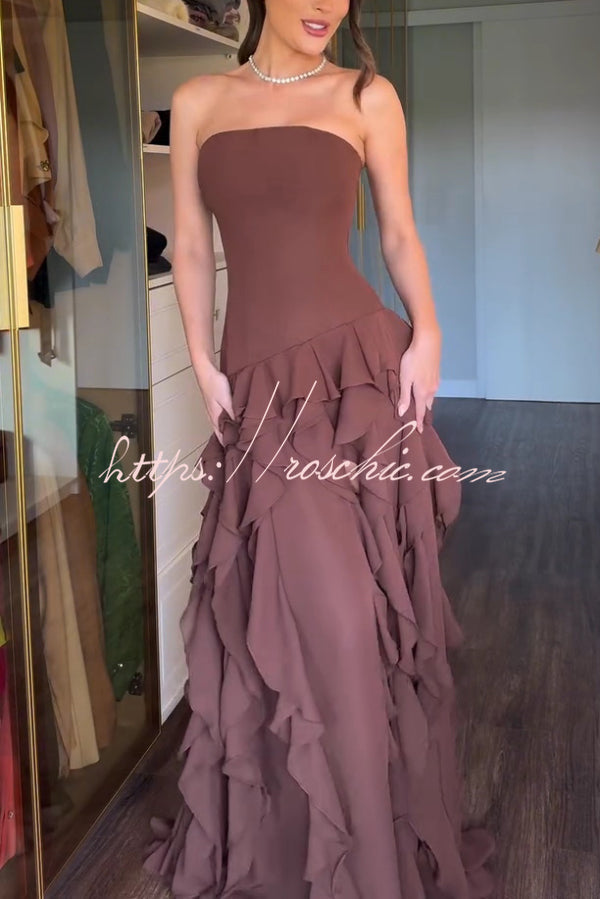 Elegant Sleeveless Off-shoulder Fitted Ruffled High Slit Maxi Dress