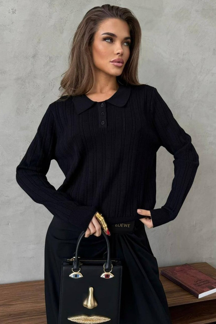 Blusa holgada de manga larga con cuello polo jacquard