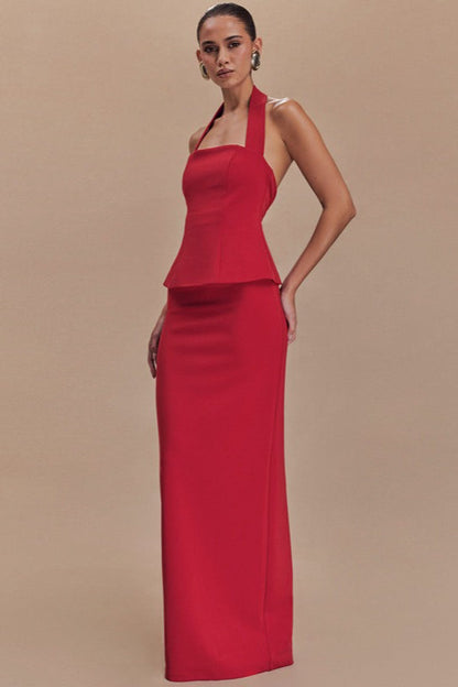 Vestido Formal Largo sin Espalda con Cuello Halter Liso