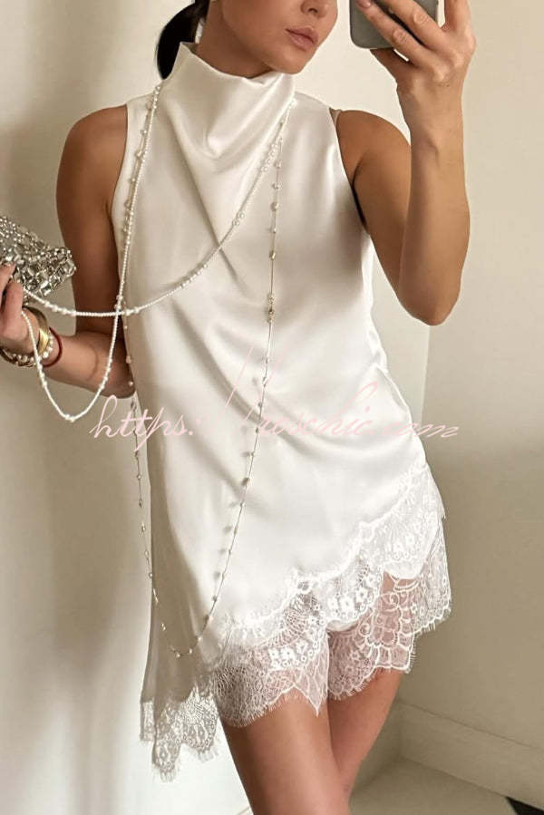 Solid Color Satin Spliced lace Sleeveless Irregular Casual Top