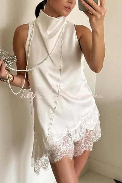 Solid Color Satin Spliced lace Sleeveless Irregular Casual Top