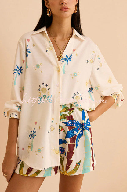 Linen Blend Summer Printed Collared Long-sleeved Shirt and Elastic Waist Pocket Casual Shorts Set