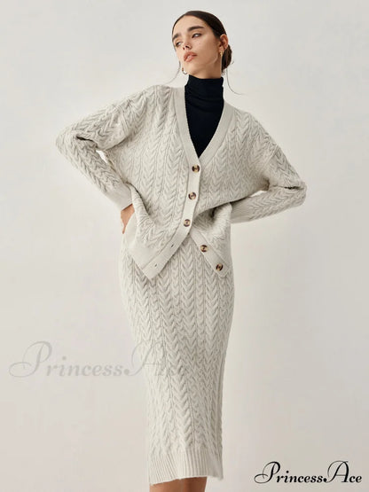 Cable Knit Cardigan Trendy With Matching Midi Skirt