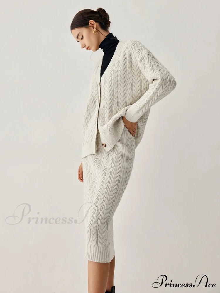 Cable Knit Cardigan Trendy With Matching Midi Skirt
