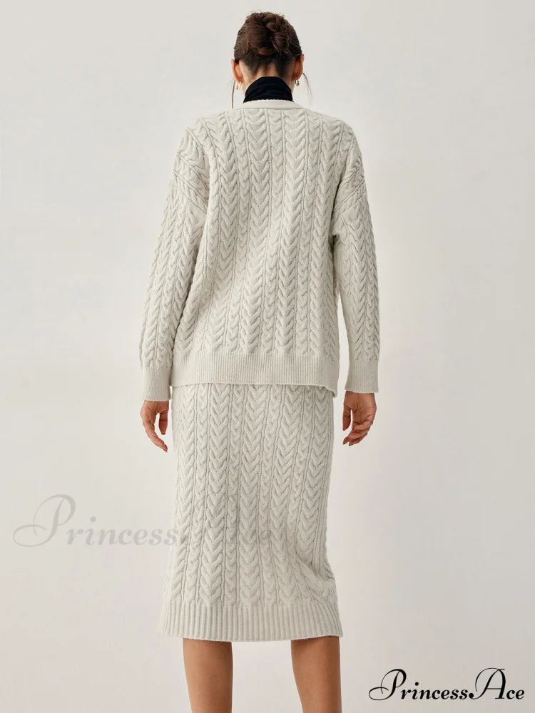 Cable Knit Cardigan Trendy With Matching Midi Skirt
