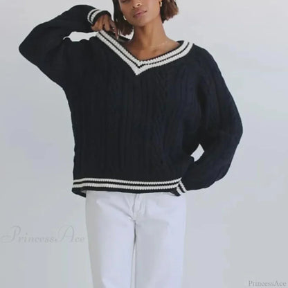 Cable Knit Loose Contrast Trim Streetwear Sweater