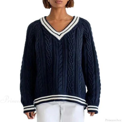 Cable Knit Loose Contrast Trim Streetwear Sweater