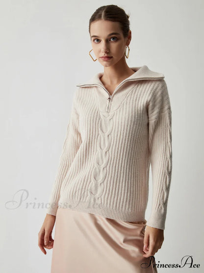 Cable Knit Open Trendy Collar Half Zip Sweater