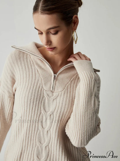 Cable Knit Open Trendy Collar Half Zip Sweater