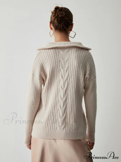 Cable Knit Open Trendy Collar Half Zip Sweater