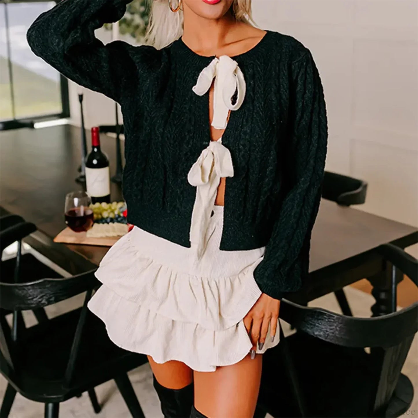 Cable Knit Split Front Bow Cardigan