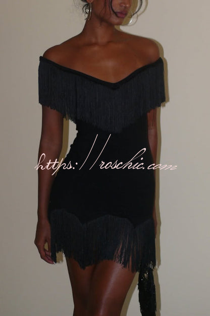 Solid Color V-neck Off-shoulder Slim-fit Tassel Mini Dress