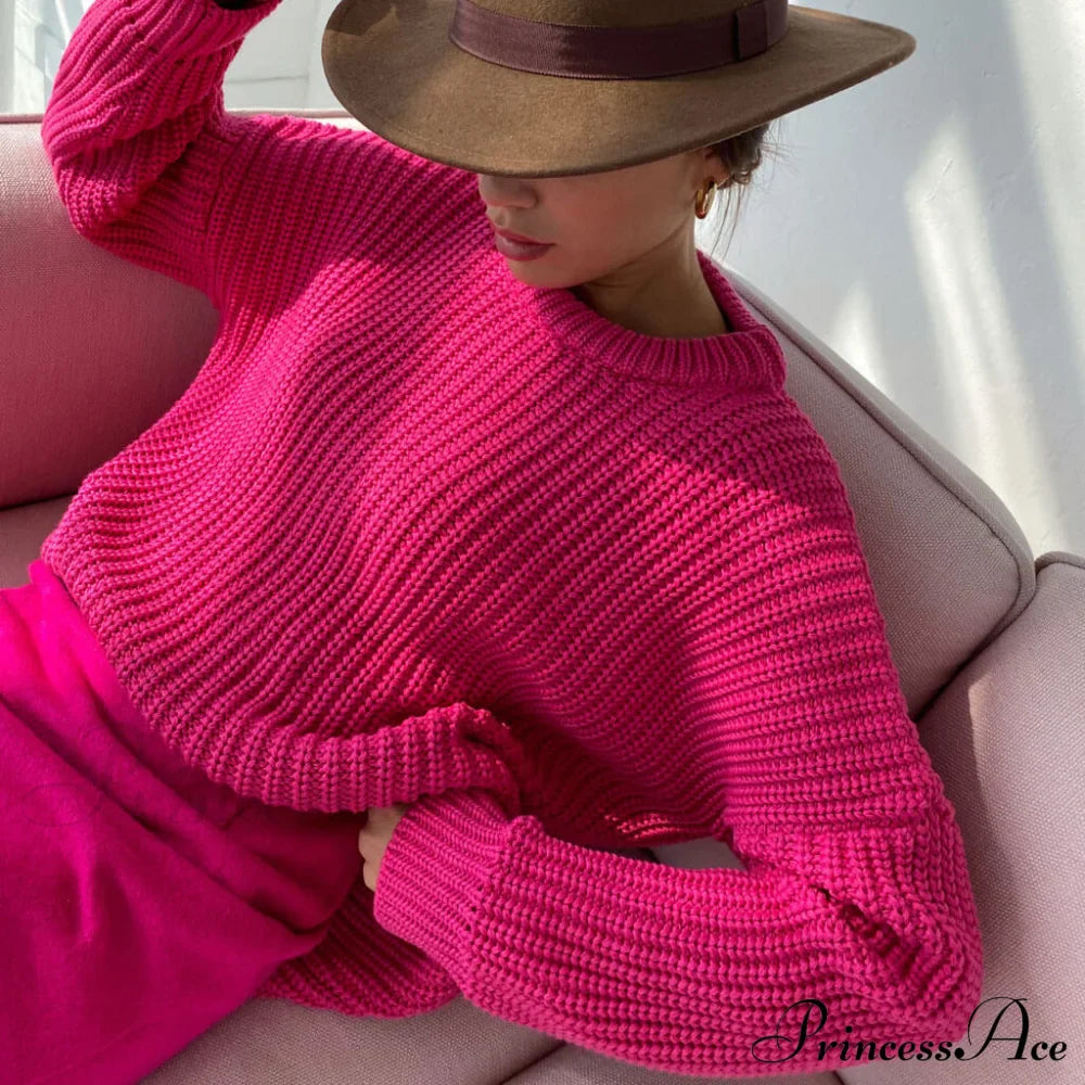 Candy Color Crewneck Trendy Pullover Sweater - Purple