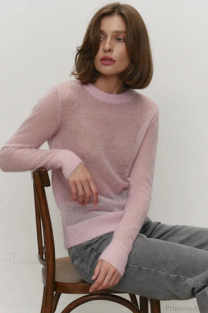 Candy Color Sheer Crew Neck Knit Sweater
