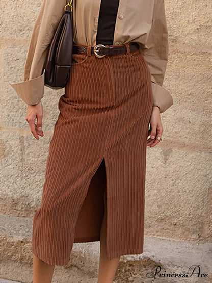 Caramel Corduroy Graceful Slit Midi Skirt