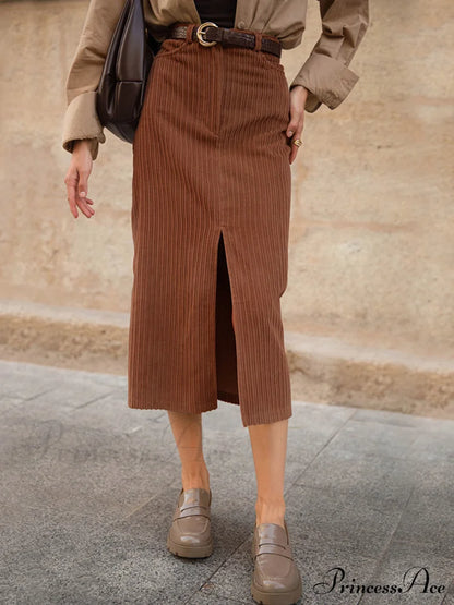 Caramel Corduroy Graceful Slit Midi Skirt